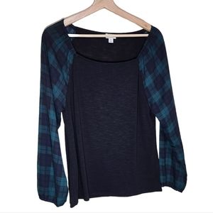 J.Crew Factory Women's Square Neck Top with Black Body & Plaid Sleeves Pre Owned